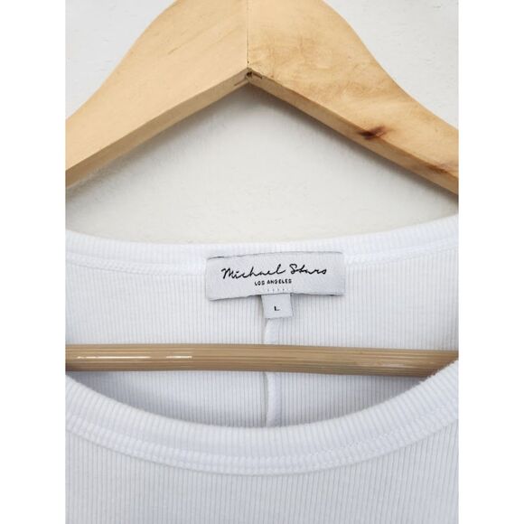 Michael Stars White Ruched Ribbed Cap Sleeve Top | Size L - Picture 3 of 9